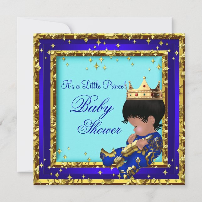 Convite Chuva de Bebê Azul Real Dourado Menino coroa prínc (Frente)