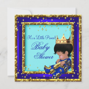Convite Chuva de Bebê Azul Real Dourado Menino coroa prínc
