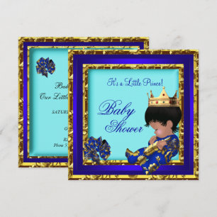 Convite Chuva de Bebê Azul Real Dourado Menino coroa prínc