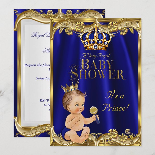 Convite Chuva de Bebê Azul Real Dourado Príncipe Moreno (Frente/Verso)