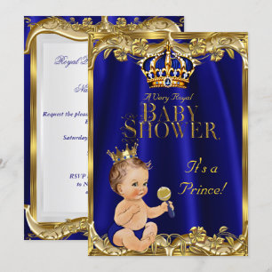 Convite Chuva de Bebê Azul Real Dourado Príncipe Moreno