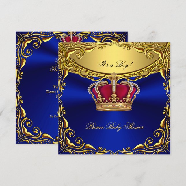 Convite Chuva de Bebê Azul Real Príncipe Bebê Chuveiro Ver (Frente/Verso)