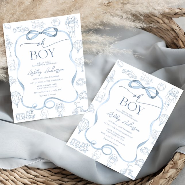 Convite Chuva de Bebê Azul Toile De Jouy Oh Boy (Criador carregado)