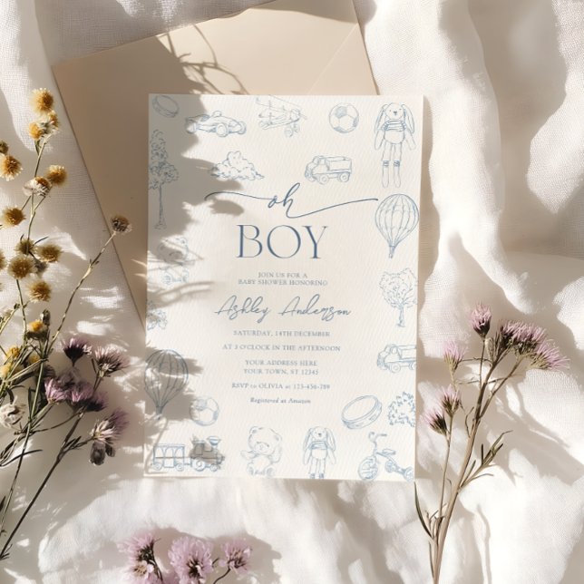 Convite Chuva De Bebê Azul Toile De Jouy Oh Boy  (Criador carregado)