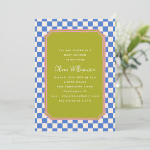 Convite Chuva de Bebê Azul Xadrez Oliva Rosa