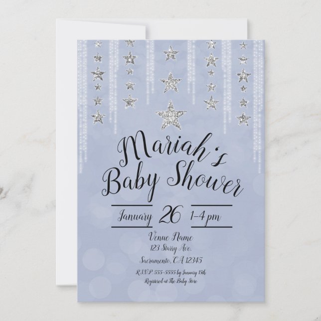 Convite Chuva de Bebê Baby Blue e Estrelas com Brilho Prat (Frente)