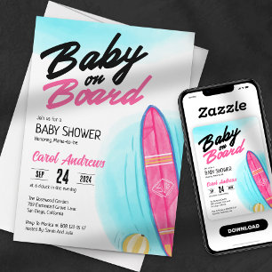 Convite Chuva de Bebê Baby on Board Pink Surfboard