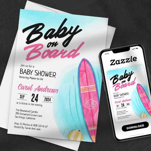 Convite Chuva de Bebê Baby on Board Pink Surfboard (Criador carregado)