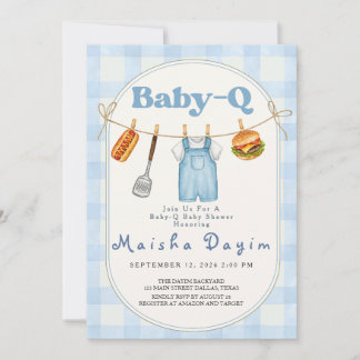 Convite Chuva de Bebê Baby-Q Azul Xadrez Corda de Roupas