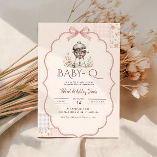 Convite Chuva de Bebê Baby Q BBQ com Laço Rosa em Aquarela