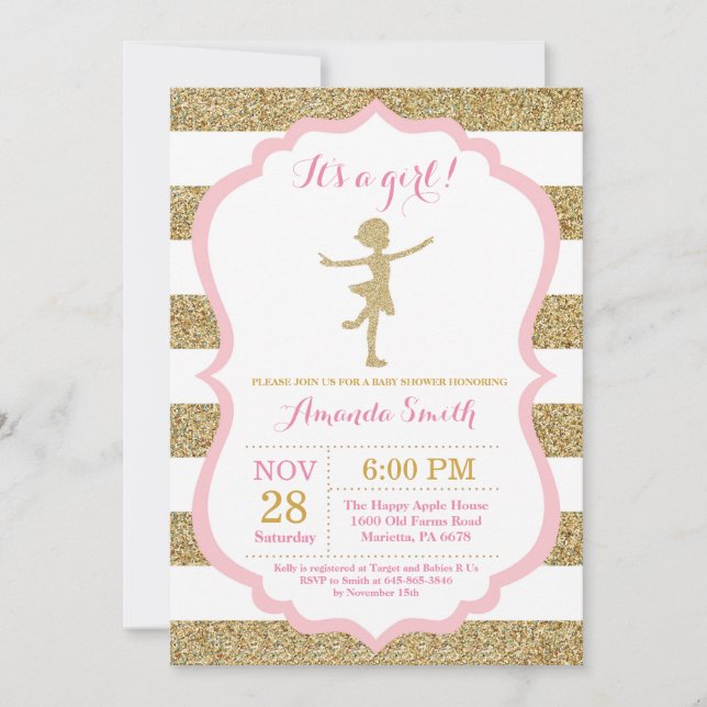 Convite Chuva de Bebê Bailarina Brilho Rosa e Dourado (Frente)