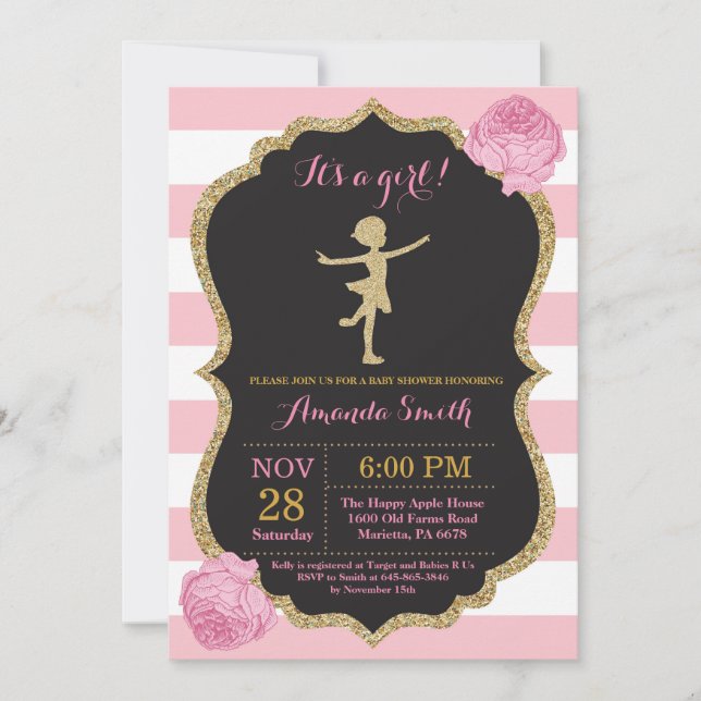 Convite Chuva de Bebê Bailarina Brilho Rosa e Dourado (Frente)