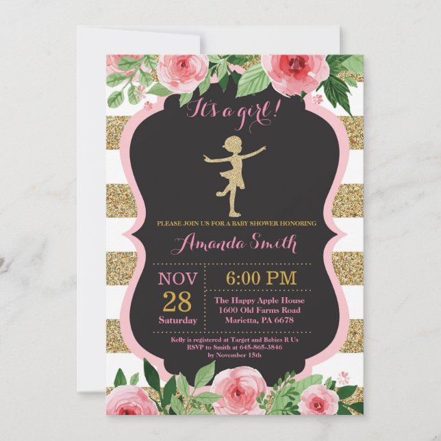 Convite Chuva de Bebê Bailarina Brilho Rosa e Dourado (Frente)