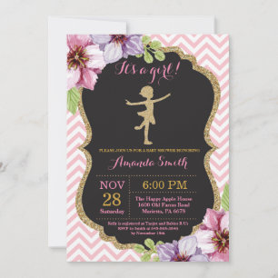 Convite Chuva de Bebê Bailarina Brilho Rosa e Dourado