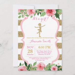 Convite Chuva de Bebê Bailarina Brilho Rosa e Dourado