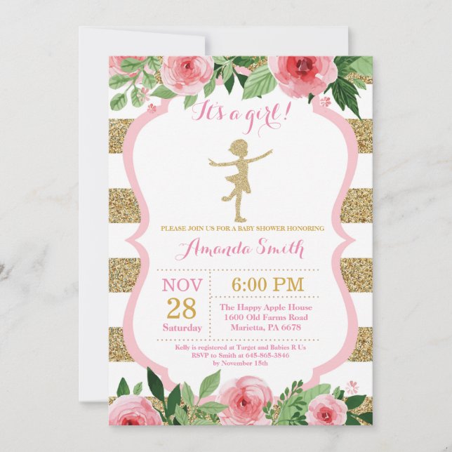 Convite Chuva de Bebê Bailarina Brilho Rosa e Dourado (Frente)