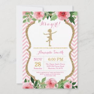 Convite Chuva de Bebê Bailarina Brilho Rosa e Dourado