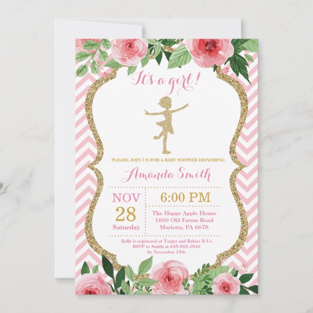 Convite Chuva de Bebê Bailarina Brilho Rosa e Dourado (Frente)