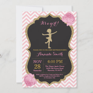 Convite Chuva de Bebê Bailarina Brilho Rosa e Dourado