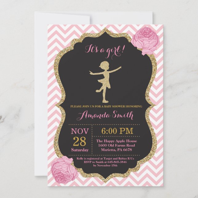 Convite Chuva de Bebê Bailarina Brilho Rosa e Dourado (Frente)