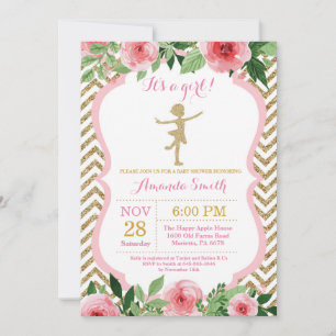Convite Chuva de Bebê Bailarina Brilho Rosa e Dourado
