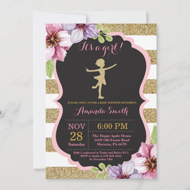 Convite Chuva de Bebê Bailarina Brilho Rosa e Dourado (Frente)