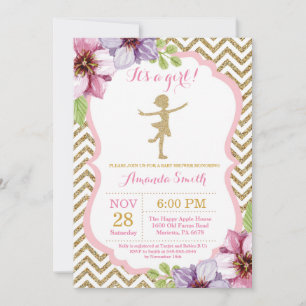 Convite Chuva de Bebê Bailarina Brilho Rosa e Dourado