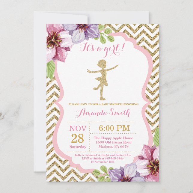 Convite Chuva de Bebê Bailarina Brilho Rosa e Dourado (Frente)
