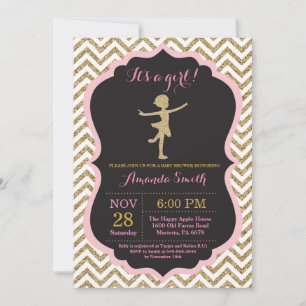 Convite Chuva de Bebê Bailarina Brilho Rosa e Dourado