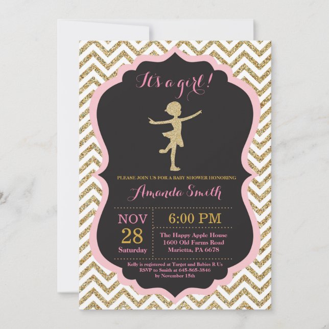 Convite Chuva de Bebê Bailarina Brilho Rosa e Dourado (Frente)