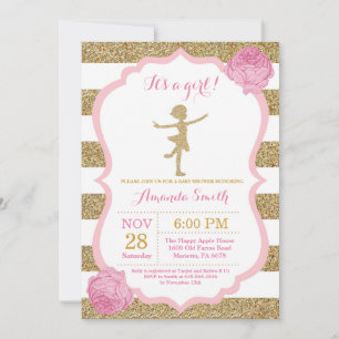 Convite Chuva de Bebê Bailarina Brilho Rosa e Dourado