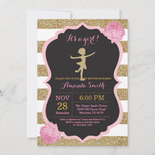 Convite Chuva de Bebê Bailarina Brilho Rosa e Dourado