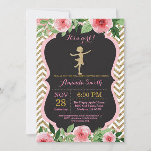 Convite Chuva de Bebê Bailarina Rosa e Dourado Brilhante
