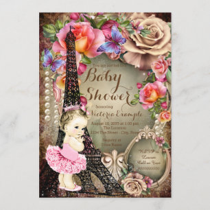 Convite Chuva de Bebê Bailarina Vintage Torre Eiffel Paris