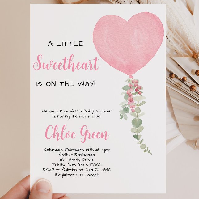 Convite Chuva de Bebê Balão Coração Rosa (Criador carregado)