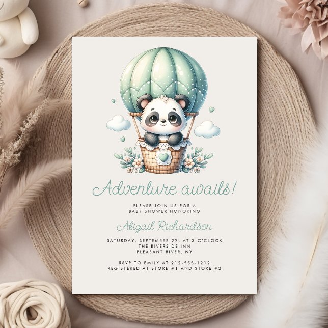 Convite Chuva de Bebê Balão de Ar Quente Verde Menta Panda (Criador carregado)