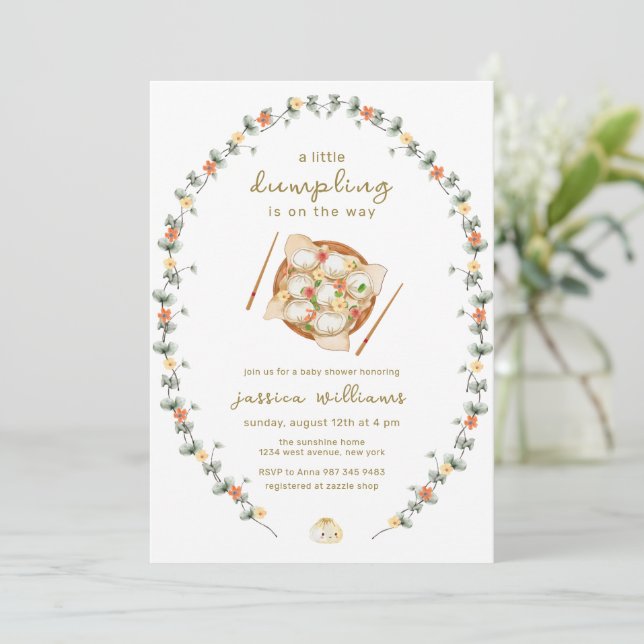Convite Chuva de Bebê Bao Dumpling de Coroa de Flores (Em pé/Frente)