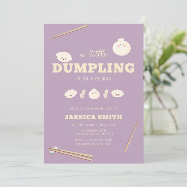 Convite Chuva de Bebê Bao Dumpling Kawaii Moderna Roxa (Em pé/Frente)