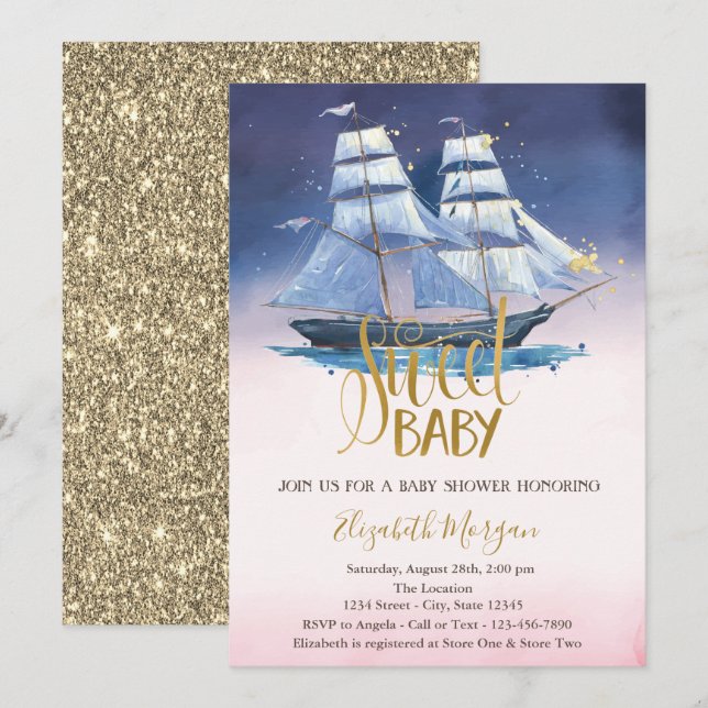 Convite Chuva de Bebê Barco à Vela Dourado Brilhante  (Frente/Verso)