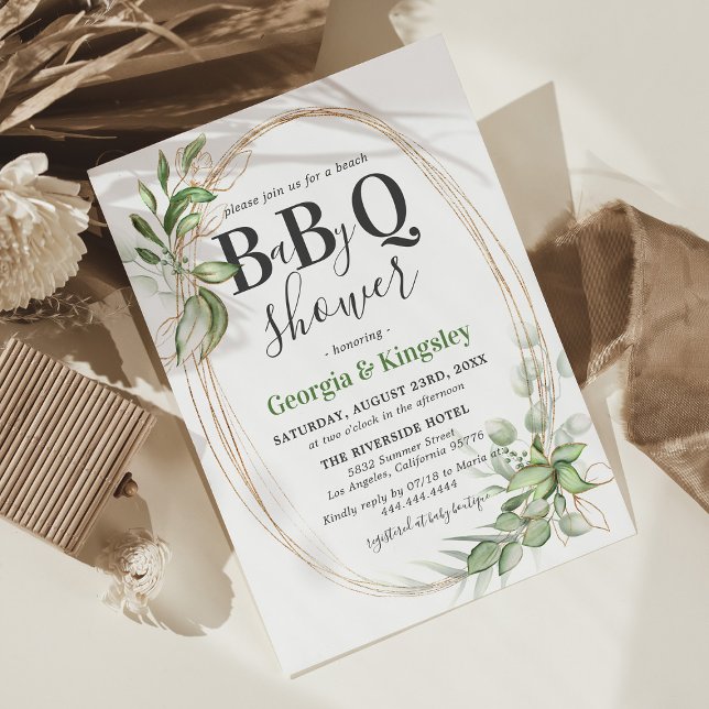 Convite Chuva de Bebê BBQ Verde Botânico Dourado (Criador carregado)