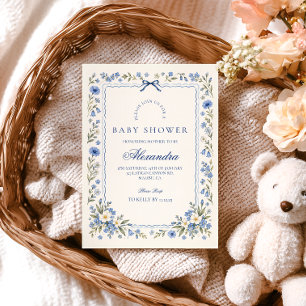 Convite Chuva de Bebê Bebê em Flor Porcelana Azul