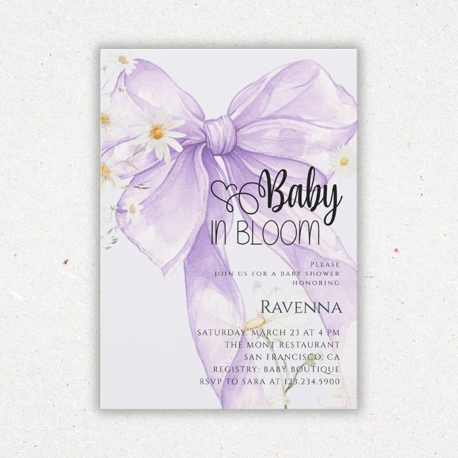 Convite Chuva de Bebê Bebê em Flor Preppy Laço Roxo Daisy (Criador carregado)