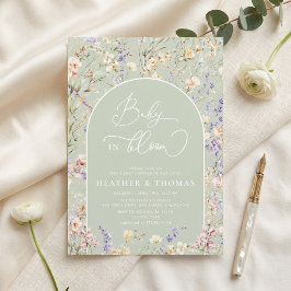 Convite Chuva de Bebê Bebê em Flor Silvestre QR Verde Sage