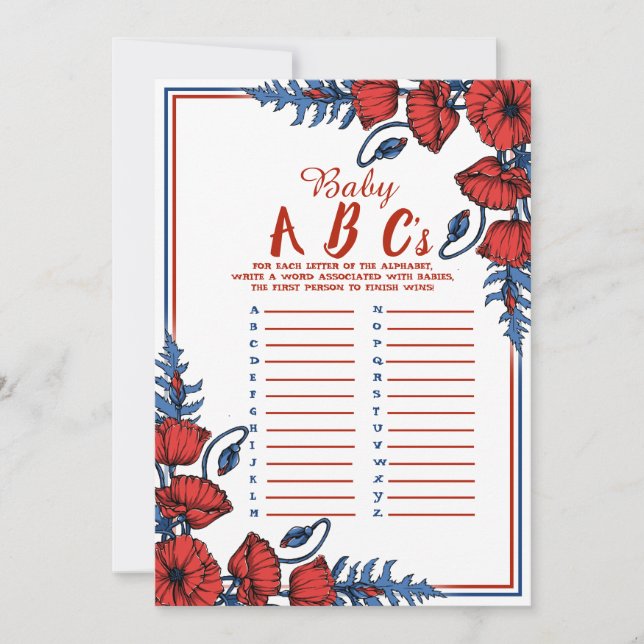 Convite Chuva de Bebê Bebê Flor de Papoula ABC's Jogo (Frente)
