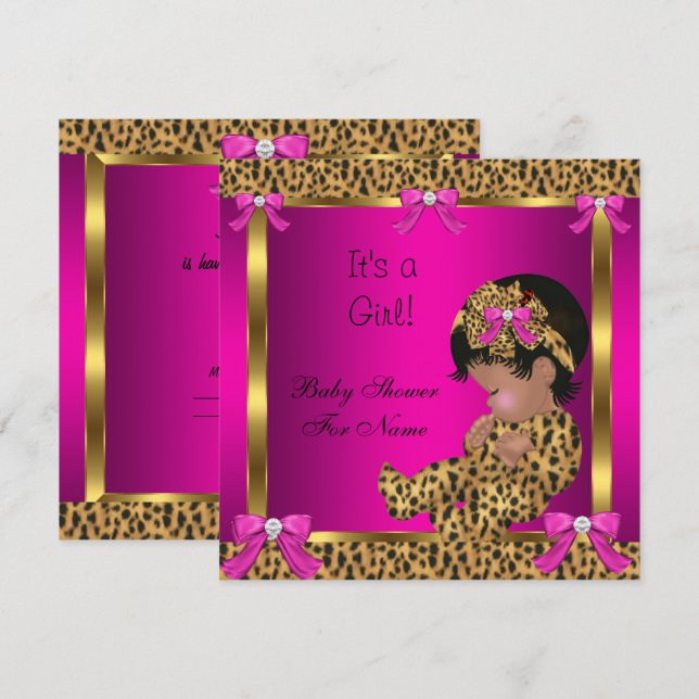 Convite Chuva de Bebê Bebê Fofo Menina Leopardo Rosa Doura (Frente/Verso)