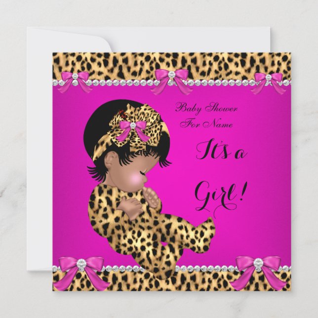 Convite Chuva de Bebê Bebê Fofo Menina Leopardo Rosa Quent (Frente)