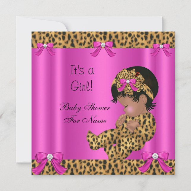 Convite Chuva de Bebê Bebê Fofo Menina Leopardo Rosa Quent (Frente)