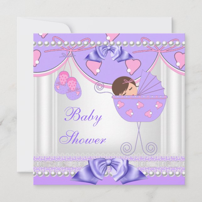 Convite Chuva de Bebê Bebê Menina Branco Rosa Roxo Pérola  (Frente)
