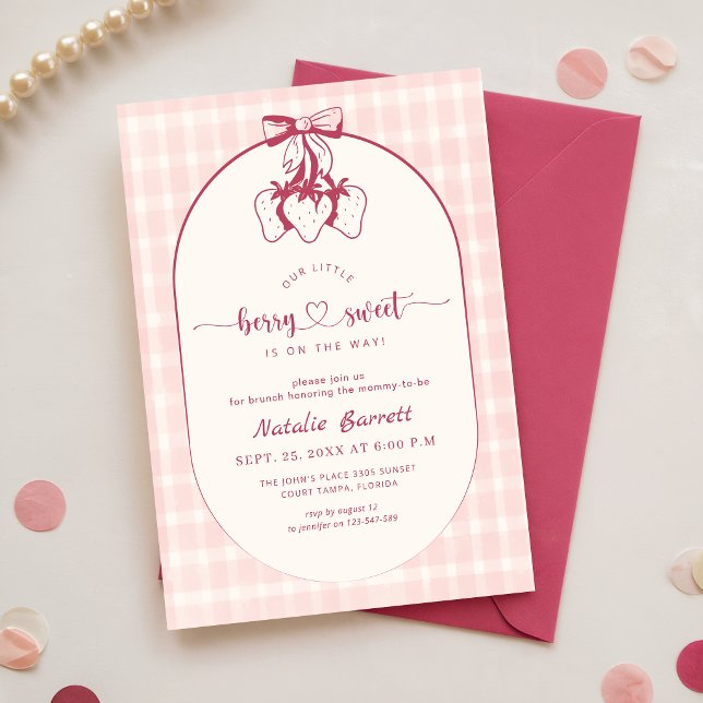 Convite Chuva de Bebê Bebê Menina com Laço de Gingham Rosa (Criador carregado)