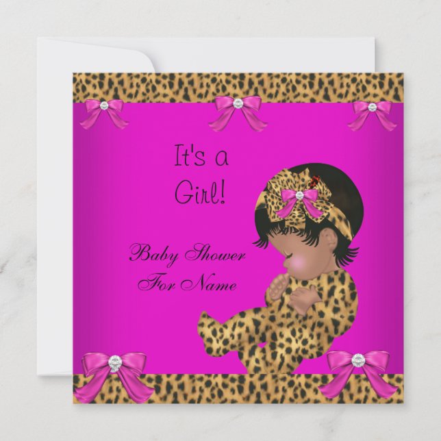 Convite Chuva de Bebê Bebê Menina Fofa Leopardo Rosa Doura (Frente)